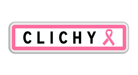 Panneau de sortie de Clichy, Hauts-de-Seine, Île-de-France avec Ruban Octobre Rose