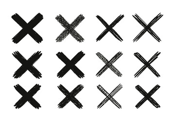 Obraz premium Icon set featuring various black brush stroke crosses on a white background for design purposes and creative projects