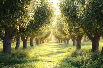 Lush olive grove with sunlight filtering through trees, creating a serene landscape