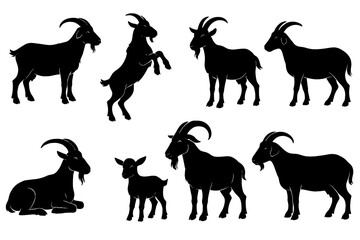Icon set featuring various goat silhouettes in different poses and activities for design projects and illustrations