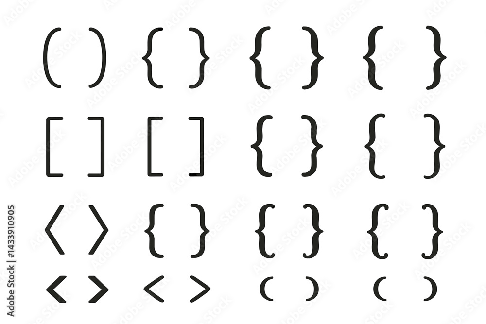 Poster icon set featuring various brackets symbols used in programming and design contexts