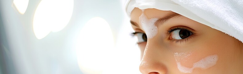 With her eyes closed, a happy woman in the bathroom applies foam cleanser, and a banner is also there
