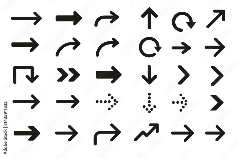 Poster icon set featuring various directional arrows and symbols for user interface design and navigation e
