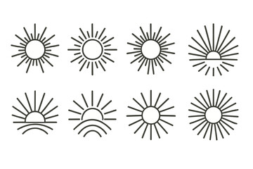Icon set featuring various sun designs with rays in different formations for creative projects