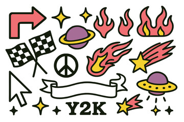 Icon set featuring vibrant Y2K elements including flames, planets, and peace symbols for creative projects