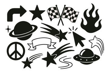 Icon set featuring various symbols including stars, planets, and flags suitable for diverse projects