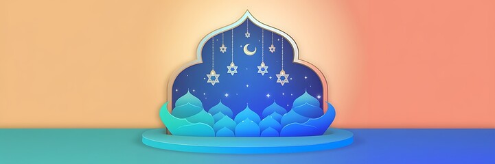Refined 2D Minimalist Background in Deep Blue Hues Featuring Soft Light Effects Elegant Islamic Motifs Gold Accents Hanging Crescent Moons and Subtle Starry Details for a Warm and Spiritual Atmosphere