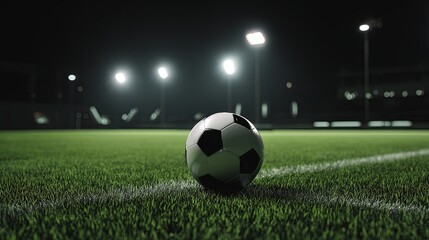 Fototapeta premium Soccer ball on lush green grass under stadium lights at night, centered composition with dramatic lighting and serene anticipation