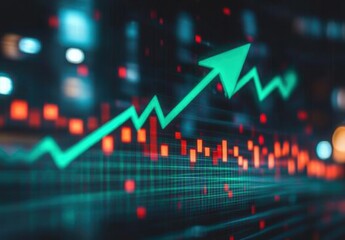 An upward green arrow on a grid background with red and blue data points
