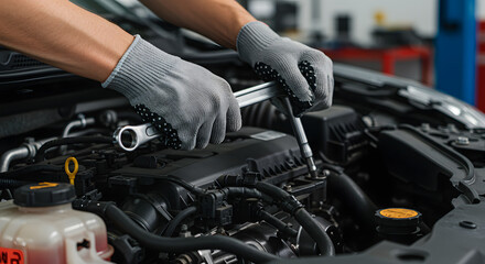 Automotive Precision: A skilled mechanic diligently works on the engine of a car, with gloves, showcasing expertise in the field of automotive repair.