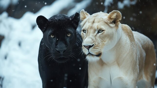 White and black panthers together in snow, wildlife, animal lovers, wallpaper