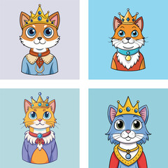 Cartoon King Cat Set With Golden Crowns And Royal Attire Portraits