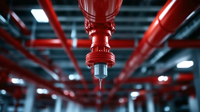 Close-up of fire sprinkler head with surrounding pipes arranged in a geometric pattern along a warehouse ceiling. Structured fire suppression system captured in motionless clarity.