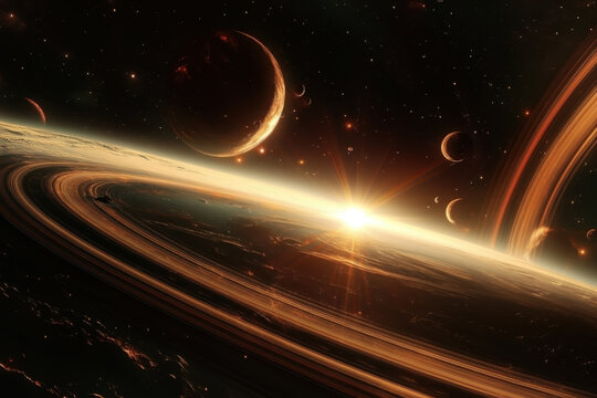 Ringsystem &auml;hnlich Saturn und Planeten in einer entfernten Galaxis - Sience Fiction