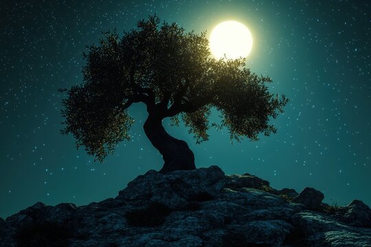 Majestic tree silhouetted against a bright full moon in a starry night sky, serene landscape