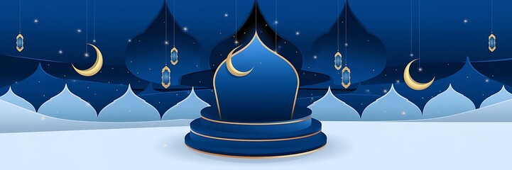 Refined 2D Minimalist Background in Deep Blue Hues Featuring Soft Light Effects Elegant Islamic Motifs Gold Accents Hanging Crescent Moons and Subtle Starry Details for a Warm and Spiritual Atmosphere