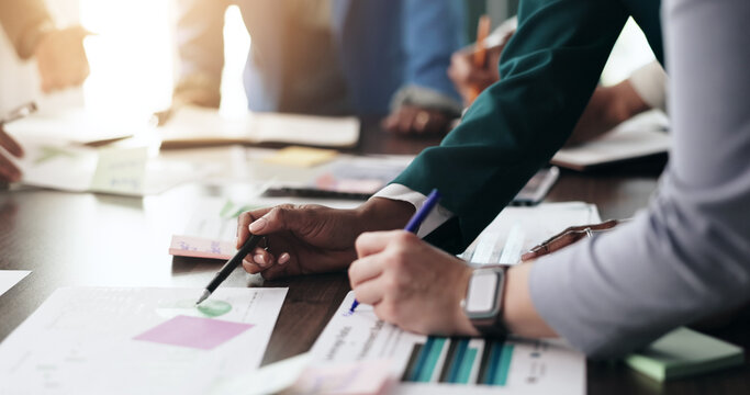 People, paperwork or hands of accountant in meeting for finance management or budget review. Financial business, teamwork or profit report update for audit document, accounting or company spreadsheet