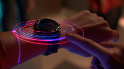 Futuristic smartwatch interaction with glowing effects in a vibrant social setting