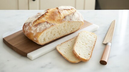 Naklejka premium Perfecting the art of sourdough bread through classic techniques, all while utilizing natural light on a gleaming marble countertop
