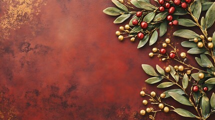 Festive red gold berry branch border.
