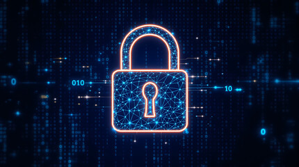 Cybersecurity Icon: A glowing padlock, the symbol of digital security, floats against a backdrop of binary code, signifying data protection and online safety.