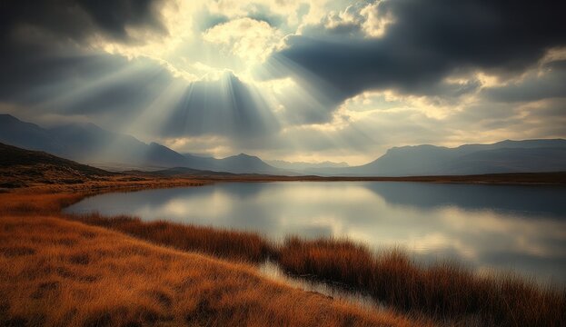 Dramatic sunbeams pierce through dark clouds above a calm lake and grassy shore