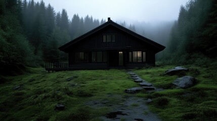 Dark cabin nestled in misty forest