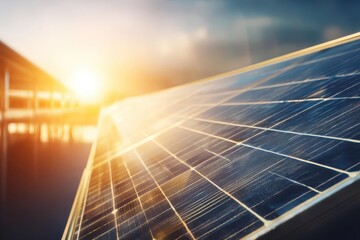 Solar panels reflecting sunlight at sunset with a vibrant sky and buildings in the background