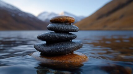 Stacked stones on water, serene mountain backdrop