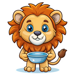 Fototapeta premium Cute Cartoon Lion Cub Holding Bowl Adorable Lion Illustration Baby Animal Image Kids Clipart Animal Cartoon Lion Drawing on transparent background