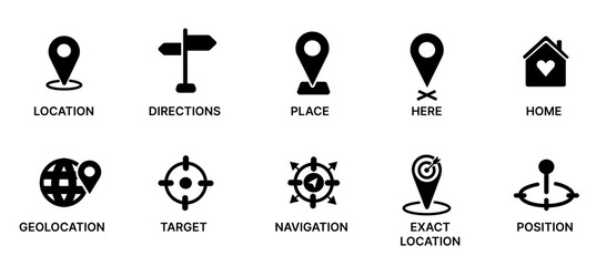 Rental icon set. Containing map, map pin, gps, destination, directions, distance, place, navigation and address icons. Solid icons vector collection.  © somaye