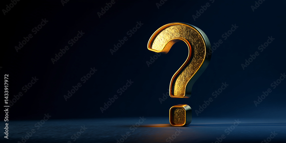 Poster golden question mark on dark background, illuminated from below, representing inquiry, doubt, or the