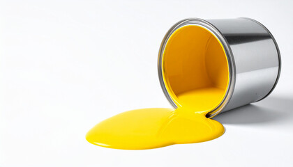 Large open metal can of yellow paint spilled isolated on white background.