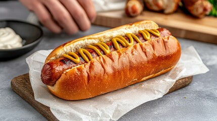 A mouthwatering hot dog topped with zesty mustard is displayed on a pristine background, highlighting its deliciousness in stunning high-resolution detail