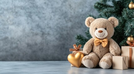 Fototapeta premium Teddy bear with golden heart and bow tie on soothing background symbolizing love and warmth for children during festive celebrations