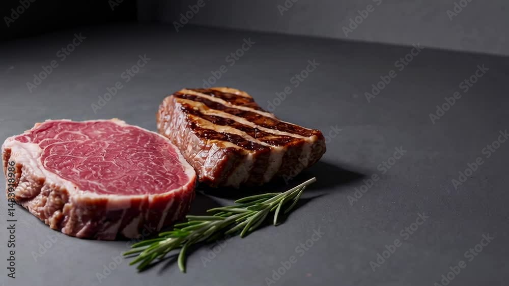 Poster two cuts of meat, one raw and one grilled, are placed on a gray background alongside a sprig of rose