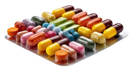 Colorful array of medical capsules in a blister pack, an artistic arrangement with a focus on diverse medicine solutions