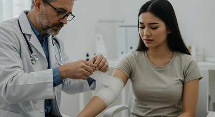 Obraz premium Doctor Bandaging Patient's Arm Compassionate Medical Care and Treatment