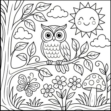 Adorable Owl in a Sunny Forest Coloring Page