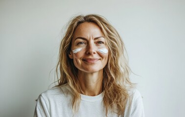 Fototapeta premium Against a grey background, a serene studio setting features a mature woman, skincare products, face cream, and cosmetic items, emphasizing the value of wellness, beauty, and relaxation