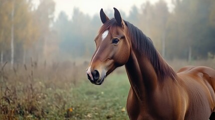 Obraz premium Close-up portrait of a brown horse's head with a lush green meadow in the background captured during golden hour