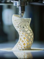 close up of 3D printer nozzle creating intricate design with unique texture, showcasing precision and innovation of modern technology