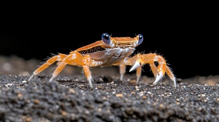 Fototapeta premium Full-body portrait of a vibrant scorpion crab showcasing intricate details and high-contrast lighting against a dark background
