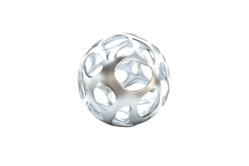 Wireframe geometric sphere with interwoven metallic structure on transparent background