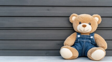 Obraz premium Cute teddy bear with denim overalls smiles brightly against a minimalist background in high-resolution photography, emphasizing its charming features