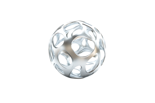 Wireframe geometric sphere with interwoven metallic structure on transparent background