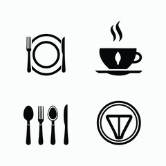 Minimalist Restaurant Icons – Black and White Dining Utensils, Plate, Coffee Cup, and Steam Symbols
