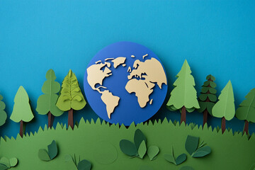 Naklejka premium world environment day - green branch and leaves roll around circle globe on dark green background.