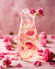 Refreshing rosewater tea frosted glass pitcher, filled with ice and adorned with delicate rose petals, creates serene and inviting atmosphere. soft pink hues enhance beauty of this floral beverage