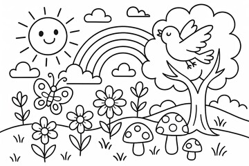 Cheerful Black And White Illustration Of A Sunny Day With A Bird On A Tree